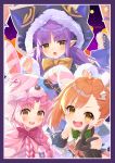  3girls :d animal_ears animal_hat animal_hood bandaged_hand bangs bare_shoulders bell black_capelet black_gloves black_jacket black_skirt black_sleeves blush border bow braid brown_bow brown_eyes brown_hair bunny_ears bunny_hat capelet cat_ears cat_hood claw_pose commentary_request detached_sleeves eyebrows_visible_through_hair fake_animal_ears frilled_skirt frills fur-trimmed_capelet fur-trimmed_hood fur-trimmed_skirt fur-trimmed_sleeves fur_trim gloves green_bow hair_ornament hair_over_shoulder hand_up hands_up hat highres hood hooded_capelet jacket jingle_bell kyouka_(princess_connect!) lightning_bolt lightning_bolt_hair_ornament long_hair long_sleeves looking_at_viewer low_twintails mimi_(princess_connect!) misogi_(princess_connect!) multiple_girls open_mouth parted_bangs pink_capelet pink_hair pointy_ears princess_connect! princess_connect!_re:dive puffy_short_sleeves puffy_sleeves purple_border purple_bow purple_hair red_bow red_skirt short_sleeves side_ponytail skirt sleeves_past_wrists smile standing tsukiman twin_braids twintails twitter_username upper_teeth v v-shaped_eyebrows very_long_hair white_bow wide_sleeves 