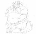  2020 anthro balls behemoth_(housamo) big_balls big_penis blush clothing genitals hoodie male monster navel obese obese_anthro obese_male overweight overweight_anthro overweight_male penis solo tokyo_afterschool_summoners topwear tora_gy underwear video_games 