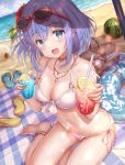  1girl :d anklet aqua_eyes barefoot basket beach bikini blanket blue_eyes breasts cleavage collarbone cup day disposable_cup drink drinking_straw dutch_angle eyewear_on_head fingernails flip-flops floral_print flower food fruit hair_flower hair_ornament heart heart_necklace hibiscus hirokazu_(analysis-depth) holding holding_cup incoming_drink innertube jewelry lace_trim leaf lemon lemon_slice looking_at_viewer misora_(princess_connect!) necklace o-ring ocean open_mouth outdoors pendant picnic_basket plaid pole princess_connect! princess_connect!_re:dive print_bikini purple_hair red-framed_eyewear red_flower sand_castle sand_sculpture sandals shoes_removed short_hair side-tie_bikini sitting sky smile solo string_bikini sunglasses swimsuit watermelon wet white_bikini yokozuwari 
