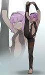  1girl armpits arms_up bangs bare_shoulders black_bodysuit blush bodysuit breasts closed_mouth dark_skin eyebrows_visible_through_hair eyes_visible_through_hair fate/prototype fate/prototype:_fragments_of_blue_and_silver fate_(series) hair_over_one_eye hassan_of_serenity_(fate) highres i.u.y leg_up looking_at_viewer navel no_shoes purple_eyes purple_hair small_breasts smile solo split standing standing_on_one_leg standing_split stirrup_legwear toeless_legwear zoom_layer 
