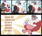  absurd_res belly big_belly big_breasts bottomless breasts clothed clothing comic dragon female female_pred female_prey hi_res lagomorph leporid mammal midriff oral_vore overweight overweight_female procyonid rabbit raccoon vore zubuzz 