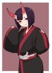  1girl bangs black_kimono brown_background eyebrows_visible_through_hair fang fate/grand_order fate_(series) hands_up highres horns i.u.y japanese_clothes kimono long_sleeves looking_at_viewer oni oni_horns parted_lips pinching_sleeves purple_eyes purple_hair short_eyebrows short_hair shuten_douji_(fate/grand_order) sleeves_past_wrists smile solo thick_eyebrows two-tone_background white_background wide_sleeves 
