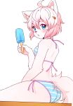  absurd_res accessory ahoge anthro bikini blue_eyes breasts butt clothed clothing eyebrow_through_hair eyebrows female food fur hair hair_accessory hairclip hi_res holding_food holding_object holding_popsicle kemono looking_aside looking_at_viewer mammal open_mouth pattern_bikini pattern_clothing pattern_swimwear pink_hair popsicle ruugiaruu simple_background sitting small_breasts solo striped_bikini striped_clothing striped_swimwear stripes swimwear translucent translucent_hair white_background white_body white_fur 