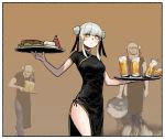  1girl alcohol beer black_dress black_ribbon border bright_pupils brown_background china_dress chinese_clothes closed_mouth cowboy_shot cup double_bun dress drinking_glass eyebrows_visible_through_hair food gogalking grey_hair hair_ribbon highres holding holding_tray junior_(gogalking) meme original ribbon side_slit spilling standing steak traffic_cone tray white_border yellow_eyes 