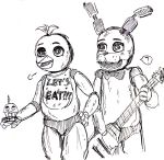  animatronic anthro avian beak bib bird black_and_white bonnie_(fnaf) bow chica_(fnaf) chicken cupcake cupcake_(fnaf) duo english_text eyelashes female five_nights_at_freddy&#039;s food freckles galliform gallus_(genus) guitar half-closed_eyes hi_res lagomorph leporid machine male mammal monochrome musical_instrument narrowed_eyes phasianid plucked_string_instrument rabbit robot string_instrument teeth text video_games yiki-chan 