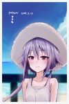  1girl 2019 bangs bare_shoulders beach blue_sky blush character_name closed_mouth cloud collarbone crossed_bangs dated day eyebrows_visible_through_hair hachikuji hair_between_eyes hat highres long_hair ocean outdoors pink_eyes purple_hair shirt sky smile solo straw_hat tank_top twintails upper_body vocaloid voiceroid water white_headwear white_shirt yuzuki_yukari 