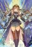  1girl armor bare_shoulders black_legwear blonde_hair blue_eyes breastplate dress elbow_gloves gauntlets gloves highres holding holding_shield holding_sword holding_weapon layered_skirt long_hair nagasawa_tougo open_mouth original shield skirt solo sword thighhighs tiara weapon 