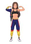  1girl abs all_might all_might_(cosplay) boku_no_hero_academia brown_hair carlo_montie cosplay facing_viewer flat_chest flexing jacket jacket_on_shoulders long_hair muscle muscular_female navel original pink_eyes pose smile sports_bra sportswear tan 