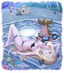  2girls absurdres acerola_(pokemon) barefoot beach bikini black_bikini blonde_hair breasts closed_eyes commentary_request cynthia_(pokemon) eyelashes garchomp gastrodon gen_3_pokemon gen_4_pokemon gen_7_pokemon highres innertube leg_garter long_hair lucario lying multiple_girls navel on_back open_mouth palossand petals pokemoa pokemon pokemon_(creature) pokemon_(game) pokemon_dppt pokemon_sm purple_hair roselia sand shiny shiny_skin shore smile swimsuit toes tongue tree water 