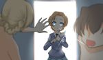  3girls backlighting bangs black_neckwear blonde_hair blue_eyes blue_skirt blue_sweater blurry blurry_foreground braid caught commentary crazy_eyes crying crying_with_eyes_open darjeeling_(girls_und_panzer) depth_of_field diffraction_spikes doorway dress_shirt frown girls_und_panzer holding holding_knife knife long_sleeves looking_at_another multiple_girls necktie open_mouth orange_hair orange_pekoe_(girls_und_panzer) parted_bangs pleated_skirt rebirth42000 rukuriri_(girls_und_panzer) school_uniform shirt short_hair skirt st._gloriana&#039;s_school_uniform standing sweater tears tied_hair twin_braids v-neck white_shirt wing_collar 