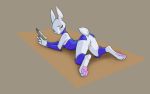  almar anthro big_feet clothing feet female fluffy fluffy_tail genitals gun lagomorph leporid looking_at_viewer lying mammal on_front pawpads presenting pussy rabbit ranged_weapon simple_background solo weapon 