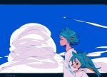  1boy 1girl ;d ^_^ aircraft airplane animal_ears antenna_hair aqua_hair blue_sky brother_and_sister cat_ears closed_eyes cloud condensation_trail dot_nose floating_hair from_side happy height_difference letterboxed limited_palette long_hair looking_away multicolored_hair niwabuki noshime_ruka one_eye_closed open_mouth orange_eyes original outdoors outside_border profile satonaka_kei shirt siblings signature sky smile streaked_hair tareme upper_body white_shirt wind 