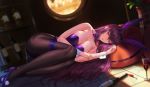  1girl alcohol bangs bare_shoulders bottle breasts cleavage cup drinking_glass fate/grand_order fate_(series) fishnet_legwear fishnets large_breasts leotard long_hair looking_at_viewer lying on_side piercing_bunny playboy_bunny purple_hair purple_leotard red_eyes sansan_(dongfangzhong111) scathach_(fate)_(all) scathach_(fate/grand_order) strapless strapless_leotard thighs wine wine_bottle wine_glass 