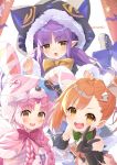  3girls :d animal_ears animal_hat animal_hood bandaged_hand bangs bare_shoulders bell black_capelet black_gloves black_jacket black_skirt black_sleeves blush bow braid brown_bow brown_eyes brown_hair bunny_ears bunny_hat capelet cat_ears cat_hood claw_pose crop_top detached_sleeves eyebrows_visible_through_hair fake_animal_ears frilled_skirt frills fur-trimmed_capelet fur-trimmed_hood fur-trimmed_skirt fur-trimmed_sleeves fur_trim gloves green_bow hair_ornament hair_over_shoulder hand_up hands_up hat highres hood hooded_capelet jacket jingle_bell kyouka_(princess_connect!) lightning_bolt lightning_bolt_hair_ornament long_hair long_sleeves looking_at_viewer low_twintails midriff mimi_(princess_connect!) misogi_(princess_connect!) multiple_girls navel open_mouth parted_bangs pink_capelet pink_hair pointy_ears princess_connect! princess_connect!_re:dive puffy_short_sleeves puffy_sleeves purple_bow purple_hair red_bow red_skirt short_sleeves side_ponytail skirt sleeves_past_wrists smile standing tsukiman twin_braids twintails twitter_username upper_teeth v v-shaped_eyebrows very_long_hair white_background white_bow wide_sleeves 