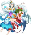  2girls amagai_tarou bangs bare_shoulders barefoot breasts cosplay demon_tail dress eyebrows_visible_through_hair fire_emblem fire_emblem:_mystery_of_the_emblem fire_emblem:_the_blazing_blade fire_emblem_heroes full_body green_eyes green_hair hair_ornament halloween_costume highres holding horns long_dress long_hair looking_away medium_breasts multiple_girls naga_(fire_emblem) naga_(fire_emblem)_(cosplay) ninian_(fire_emblem) official_art open_mouth open_toe_shoes pointy_ears ponytail red_dress red_eyes shiny shiny_hair short_dress sidelocks silver_hair sleeveless smile snowflake_print tail tied_hair tiki_(fire_emblem) toes transparent_background wings 