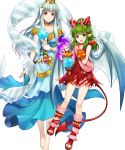  2girls alternate_costume amagai_tarou bangs bare_shoulders barefoot closed_mouth collarbone cosplay demon_tail dress eyebrows_visible_through_hair fire_emblem fire_emblem:_mystery_of_the_emblem fire_emblem:_the_blazing_blade fire_emblem_heroes full_body green_eyes hair_ornament halloween_costume highres holding horns lips long_dress long_hair looking_at_viewer multiple_girls naga_(fire_emblem) naga_(fire_emblem)_(cosplay) ninian_(fire_emblem) official_art open_mouth open_toe_shoes pointy_ears ponytail red_dress red_eyes shiny shiny_hair short_dress sidelocks silver_hair sleeveless smile snowflake_print tail tied_hair tiki_(fire_emblem) toes transparent_background wings 