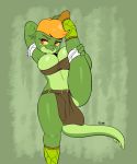  anthro big_breasts breasts clothed clothing female hi_res joaoppereiraus leg_grab lira_(character) lizard loincloth non-mammal_breasts raised_leg reptile scalie solo wraps 