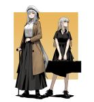  2girls black_choker black_dress black_footwear black_skirt blind bright_pupils brown_coat case choker closed_eyes closed_mouth coat contrapposto dress earrings facing_viewer full_body gogalking grey_hair hat highres holding_case jewelry junior_(gogalking) long_hair long_skirt looking_to_the_side multiple_girls open_clothes open_coat ophelia_(gogalking) orange_background original shiny shiny_hair shirt shoes short_sleeves skirt smile standing v_arms very_long_hair walking_stick white_headwear white_pupils white_shirt yellow_eyes 