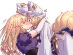 ! 2girls arm_grab bangs blonde_hair blush bow dress elbow_gloves fox_tail frilled_sleeves frills from_side gloves hair_bow hat highres kiss leaning_back leaning_forward long_hair long_sleeves masanaga_(tsukasa) motion_lines multiple_girls multiple_tails pillow_hat pink_bow purple_dress short_hair short_sleeves simple_background spoken_exclamation_mark tail touhou white_background white_dress white_gloves white_headwear yakumo_ran yakumo_yukari yellow_eyes yuri 
