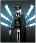  1girl absurdres black_headwear border closed_eyes closed_mouth double-breasted energy_blade gloves gogalking grey_jacket hand_up hat highres jacket long_sleeves magic meditation military military_hat military_jacket military_uniform ophelia_(gogalking) original pants solo uniform white_border white_gloves white_pants 