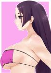  1girl bangs bare_shoulders bikini breasts closed_mouth eyebrows_visible_through_hair eyepatch_bikini fate/grand_order fate_(series) highres i.u.y large_breasts long_hair looking_away minamoto_no_raikou_(fate/grand_order) minamoto_no_raikou_(swimsuit_lancer)_(fate) outline parted_bangs pink_background pink_bikini profile purple_eyes purple_hair solo swimsuit two-tone_background upper_body white_background white_outline 