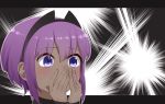  1girl bangs blush covered_mouth dark_skin eyebrows_visible_through_hair fate/prototype fate/prototype:_fragments_of_blue_and_silver fate_(series) hair_between_eyes hands_up hassan_of_serenity_(fate) head highres i.u.y letterboxed purple_eyes purple_hair solo sweat 