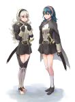  2girls barefoot black_gloves black_hairband blue_eyes blue_hair byleth_(fire_emblem) byleth_(fire_emblem)_(female) closed_mouth corrin_(fire_emblem) corrin_(fire_emblem)_(female) fire_emblem fire_emblem:_three_houses fire_emblem_fates garreg_mach_monastery_uniform gloves hairband long_hair long_sleeves multiple_girls open_mouth pointy_ears red_eyes robaco scabbard sheath sheathed simple_background socks sword twitter_username uniform weapon white_background white_hair white_legwear 