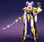  absurd_res amber_eyes armor asriel_dreemurr_(god_form) belt black_sclera boss_monster bovid cape caprine chest_armor clothed clothing codpiece crossdressing crovirus dress elemental_manipulation facial_markings fangs fire fire_manipulation footwear gauntlets girly gloves handwear head_markings hi_res high_collar high_heels horn long_ears male mammal markings melee_weapon shin_guards shoes shoulder_pads simple_background solo sword undertale video_games weapon 