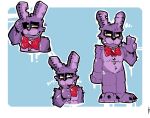  2019 4_fingers animatronic blood blush bodily_fluids bonnie_(fnaf) bow button_(fastener) cheek_tuft claws facial_tuft fingers five_nights_at_freddy&#039;s fur gesture half-closed_eyes head_tuft hi_res lagomorph leporid machine mammal narrowed_eyes purple_body purple_fur rabbit red_eyes robot standing stitch_(disambiguation) thesupartist toe_claws tuft v_sign video_games 