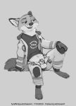  2020 animal_genitalia anthro balls canid canine cheek_tuft clothed clothing disney facial_tuft firefighter_uniform fox fur genitals grey_background hi_res letodoesart male mammal monochrome nick_wilde open_mouth open_smile penis penis_tip red_fox sheath simple_background sitting smile solo tuft zootopia 