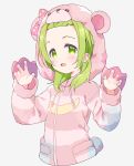  1girl :d animal_ears animal_hood bear_ears bear_hood blush bow claw_pose cropped_torso fake_animal_ears forehead green_eyes green_hair grey_background hands_up hood hood_up hooded_jacket jacket long_hair long_sleeves meito_(maze) morinaka_kazaki nijisanji open_mouth pink_bow pink_jacket polka_dot polka_dot_bow simple_background smile solo striped_jacket upper_body virtual_youtuber 