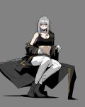  1girl ankle_boots black_bodysuit black_coat black_sports_bra blush bodysuit boots breasts cleavage closed_eyes closed_mouth coat commentary earrings english_commentary gloves gogalking grey_background grey_hair highres jewelry large_breasts long_hair long_sleeves midriff navel off-shoulder_coat ophelia_(gogalking) original pants simple_background sitting solo sports_bra sweat white_gloves white_pants 