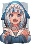  1girl animal_hood bangs blue_eyes blue_hair blue_hoodie blue_nails blunt_bangs blush claw_pose gawr_gura grey_background hncl hololive hololive_english hood looking_at_viewer medium_hair multicolored_hair nail_polish open_mouth shark_hood sharp_teeth silver_hair simple_background solo streaked_hair teeth two-tone_hair upper_body virtual_youtuber white_background 
