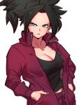 1girl black_hair black_tank_top blue_eyes breasts cleavage collarbone dragon_ball dragon_ball_super earrings fingernails hands_in_pockets jacket jewelry kefla_(dragon_ball) kemachiku looking_at_viewer medium_breasts open_clothes open_jacket ponytail potara_earrings red_jacket short_hair simple_background solo tank_top white_background 