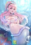  1girl air_bubble armlet bangs bare_shoulders blush breasts bubble cleavage collarbone commentary_request coral eyebrows_visible_through_hair groin hair_between_eyes hands_on_own_chest headphones high_ponytail highres jewelry large_breasts long_hair looking_at_viewer mermaid midriff monster_girl monsterification navel necklace nitroplus open_mouth pearl_necklace pink_eyes pink_hair shell shell_bikini sidelocks solo starfish super_sonico underboob underwater upper_teeth yasu_suupatenin 