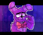  2019 4_fingers animatronic black_nose bonnie_(fnaf) button_(fastener) cheek_tuft eyebrows facial_tuft fingers five_nights_at_freddy&#039;s fur grey_body hi_res lagomorph leporid machine male mammal pawpads purple_background purple_body purple_fur purple_pawpads rabbit ribbons robot simple_background solo teeth thesupartist tuft video_games 