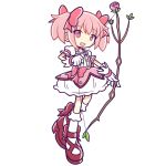  1girl bow bow_(weapon) commentary dress dress_bow eyebrows_visible_through_hair flower full_body gloves hair_bow kaname_madoka magical_girl mahou_shoujo_madoka_magica open_mouth outline parody pink_bow pink_eyes pink_flower pink_hair pink_rose puyopuyo red_bow red_footwear rii_(icedsalt) rose shoe_bow shoes short_sleeves short_twintails smile solo style_parody transparent_background twintails weapon white_gloves white_legwear 