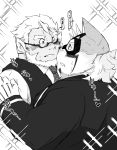  anthro blush braided_hair close clothing duo embarrassed eyewear felid glasses hair hi_res huckle humanoid live-a-hero male male/male mammal mask monochrome necktie pantherine raiki shintatokoro suit superhero tiger 