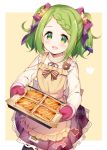  1girl :d apron bangs beige_background black_legwear blush bow braid brown_apron eyebrows_visible_through_hair food frilled_apron frills green_eyes green_hair hair_bow hair_ornament hair_ribbon highres holding long_sleeves looking_at_viewer meito_(maze) morinaka_kazaki neck_ribbon nijisanji open_mouth oven_mitts pantyhose plaid plaid_skirt pleated_skirt purple_ribbon purple_skirt ribbed_shirt ribbon shirt skirt smile solo star_(symbol) star_hair_ornament striped striped_bow swept_bangs two-tone_background virtual_youtuber white_background white_shirt 