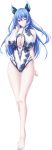  1girl absurdres aoe_mai bangs bare_arms bare_legs bare_shoulders barefoot blue_hair blue_nails breasts choco_chip cleavage closed_mouth fingernails floral_print flower full_body hair_ornament hand_up head_tilt highleg highleg_swimsuit highres large_breasts long_hair looking_at_viewer mama_x_holic nail_polish one-piece_swimsuit one_eye_closed pale_skin purple_eyes shiny shiny_hair sleeveless smile solo standing swimsuit thighs toes transparent_background 