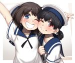  2girls black_hair blue_eyes blush bob_cut brown_eyes closed_mouth daitou_(kantai_collection) dress eyebrows_visible_through_hair grin hat hiburi_(kantai_collection) high_ponytail kantai_collection low_ponytail multiple_girls one_eye_closed ryuun_(stiil) sailor_dress sailor_hat short_hair short_sleeves smile upper_body v white_dress white_headwear 