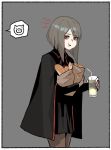  1girl :t bag black_cape black_skirt bob_cut border bread brown_legwear cape collared_cape cowboy_shot cup drinking_glass drinking_straw eating food from_side gogalking grey_hair grocery_bag highres holding holding_bag holding_cup looking_at_viewer looking_to_the_side medium_hair original out_of_frame pantyhose paper_bag pleated_skirt red_eyes rosna_(gogalking) shopping_bag skirt solo spoken_animal standing white_border 