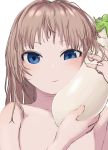  1girl absurdres bangs blue_eyes bouen closed_mouth eggplant food highres holding holding_food holding_vegetable light_brown_hair long_hair nude original simple_background solo upper_body vegetable white_background 