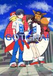  1boy 1girl absurdres backwards_hat baseball_cap blue_hair brown_hair closed_mouth eevee gen_1_pokemon gotcha! gotcha!_boy_(pokemon) gotcha!_girl_(pokemon) hand_in_pocket hat hatted_pokemon highres hinari080812 jacket long_hair looking_at_viewer on_shoulder pikachu pleated_skirt poke_ball pokemon pokemon_(creature) pokemon_on_shoulder short_sleeves skirt smile tied_hair twintails 