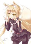  1girl animal_ear_fluff animal_ears arms_up black_legwear black_serafuku black_shirt black_skirt blonde_hair blush crescent crescent_moon_pin eyebrows_visible_through_hair fox_ears fox_girl fox_tail hair_between_eyes hair_ornament highres hizaka kantai_collection long_hair long_sleeves looking_at_viewer low_twintails miniskirt neckerchief necktie pleated_skirt remodel_(kantai_collection) satsuki_(kantai_collection) school_uniform serafuku shirt skirt smile solo tail thighhighs twintails white_neckwear yellow_eyes 