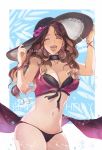  1girl artist_name bikini breasts brown_hair character_name cleavage closed_eyes dorothea_arnault earrings fire_emblem fire_emblem:_three_houses fire_emblem_heroes flower happy_birthday hat hat_flower highres jewelry long_hair nail_polish nunuu_js open_mouth solo swimsuit 