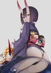  2girls ass black_hair blonde_hair closed_eyes eyelashes eyeliner fate/grand_order fate_(series) finger_to_mouth hair_between_eyes highres horns ibaraki_douji_(fate/grand_order) japanese_clothes kimono long_hair looking_at_viewer makeup multiple_girls nyatabe oni oni_horns purple_eyes sash short_hair shushing shuten_douji_(fate/grand_order) smile 