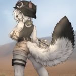  1:1 anthro armor black_body black_fur blue_eyes butt canid canine cigarette clenched_teeth clothed clothing detailed_background fangs female fluffy fluffy_tail fox fur gun hair headgear helmet hi_res holding_object holding_weapon mammal multicolored_body multicolored_fur open_mouth open_smile ranged_weapon rifle smile solo tasha_lisets tashalisets teeth two_tone_body two_tone_fur weapon white_body white_fur white_hair 