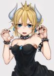  1girl absurdres akky_(akimi1127) bare_shoulders black_dress black_nails blonde_hair blue_eyes blush bowsette bracelet breasts claw_pose claws cleavage collar commentary_request crown dress earrings eyebrows_visible_through_hair grey_background highres horns jewelry looking_at_viewer mario_(series) medium_breasts nail_polish new_super_mario_bros._u_deluxe open_mouth paw_pose pointy_ears ponytail revision short_hair simple_background sketch solo spiked_bracelet spiked_collar spikes super_crown 