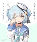  1girl aqua_neckwear black_ribbon blue_hair blue_sailor_collar commentary_request dixie_cup_hat double_bun hat hat_ribbon icesherbet kantai_collection long_sleeves looking_at_viewer military_hat navy_cross neckerchief one_eye_closed ribbon sailor_collar samuel_b._roberts_(kantai_collection) school_uniform serafuku shirt short_hair sleepy sleeve_cuffs solo translation_request two-tone_background upper_body white_headwear white_shirt yellow_eyes 